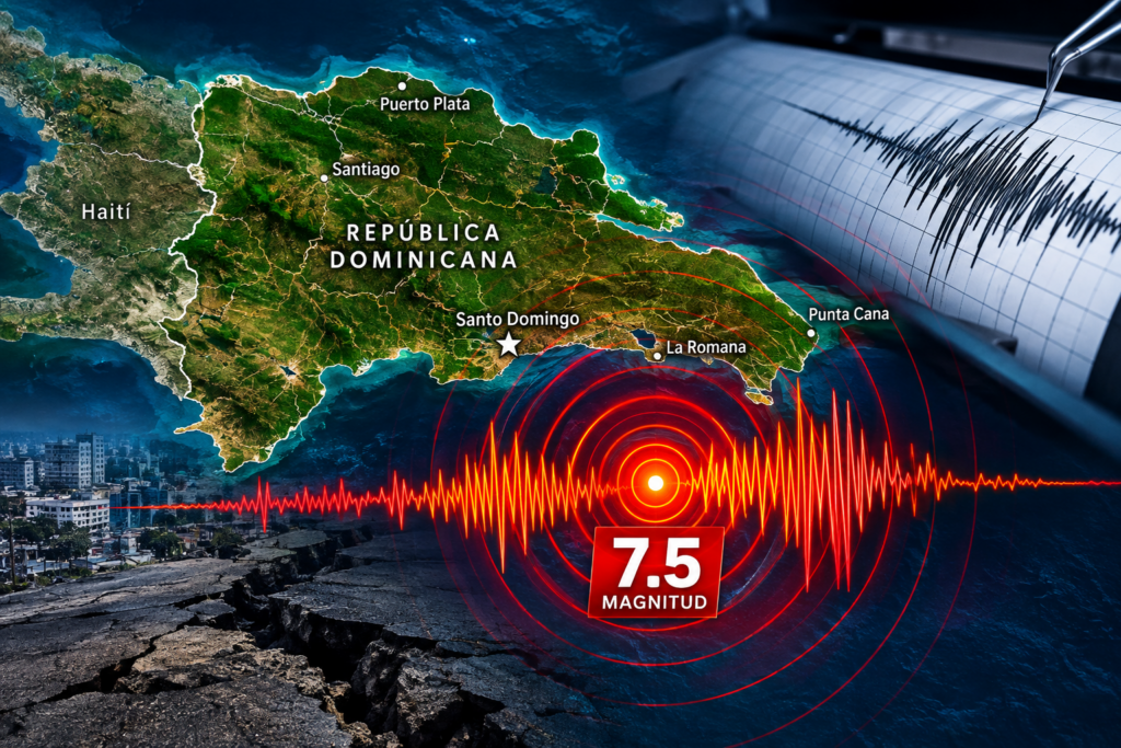 Osiris de León advierte que República Dominicana debe revisar sus estructuras ante la amenaza de un gran terremoto Créame una imagen relacionada con el mapa de república dominicana y un posible terremoto de 7.5 y agregar las ondas sismica