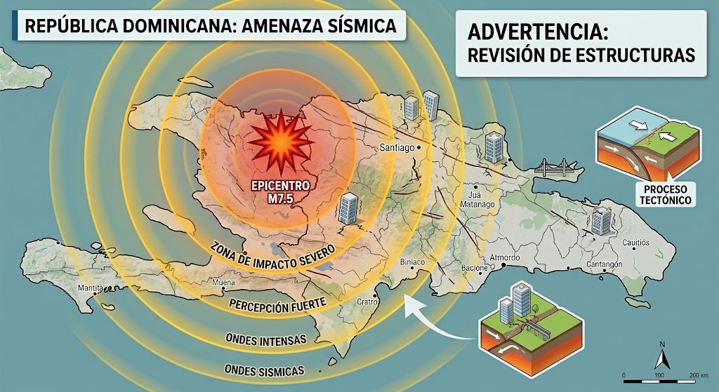 Osiris de León advierte que República Dominicana debe revisar sus estructuras ante la amenaza de un gran terremoto Créame una imagen relacionada con el mapa de república dominicana y un posible terremoto de 7.5 y agregar las ondas sismica